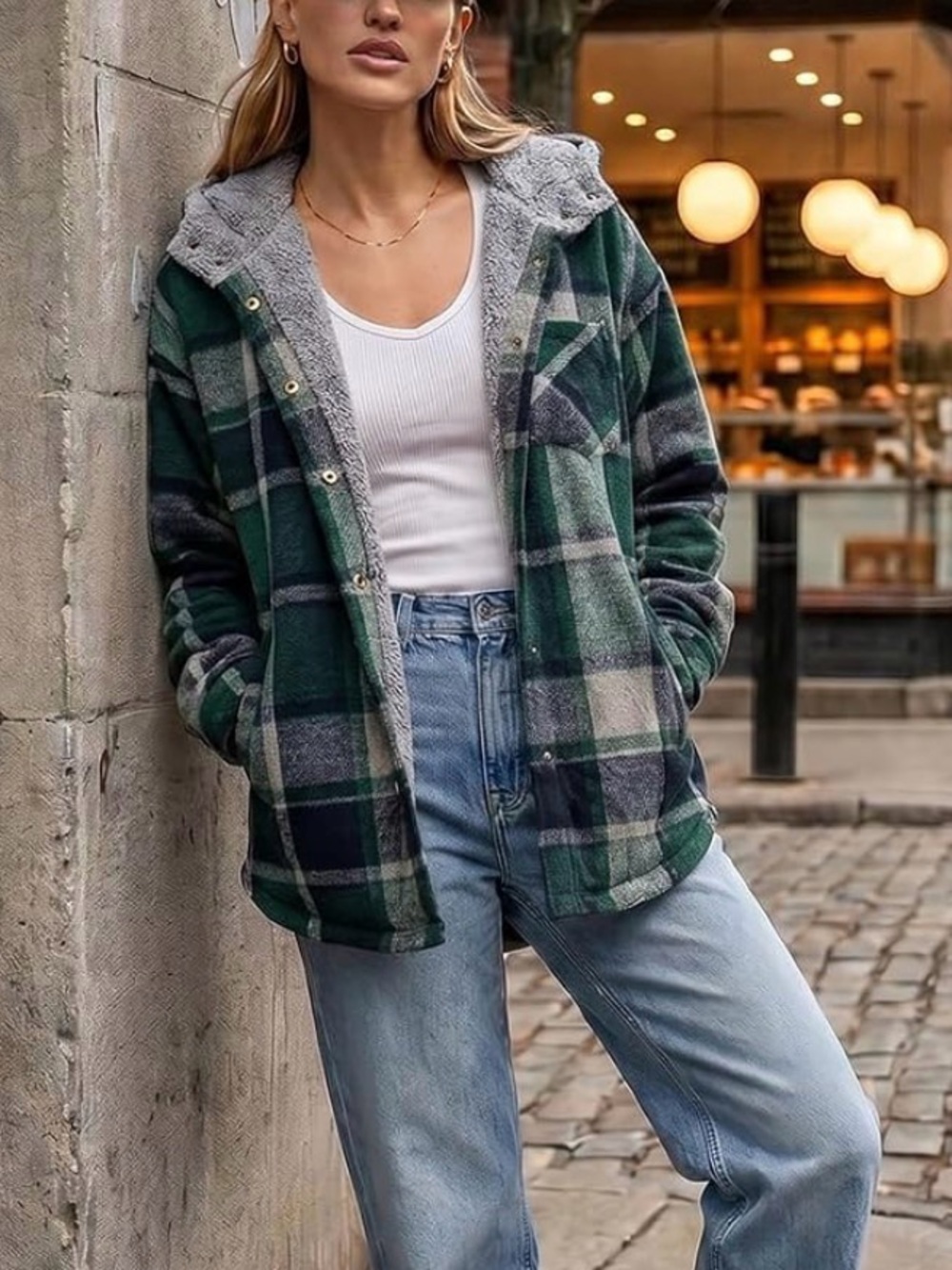 Oversized Plaid Hooded Jacket in Green & Gray